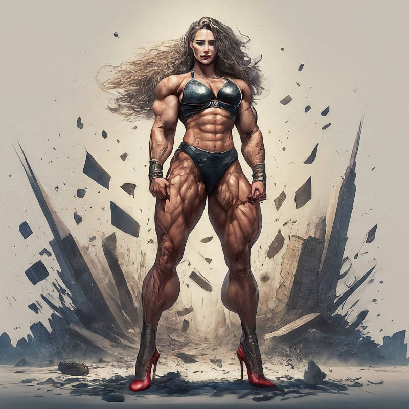 A.I. Muscle Goddess art by Mister Squeezable, female bodybuilder standing with pride while her bulging muscles make all men weak in the knees.