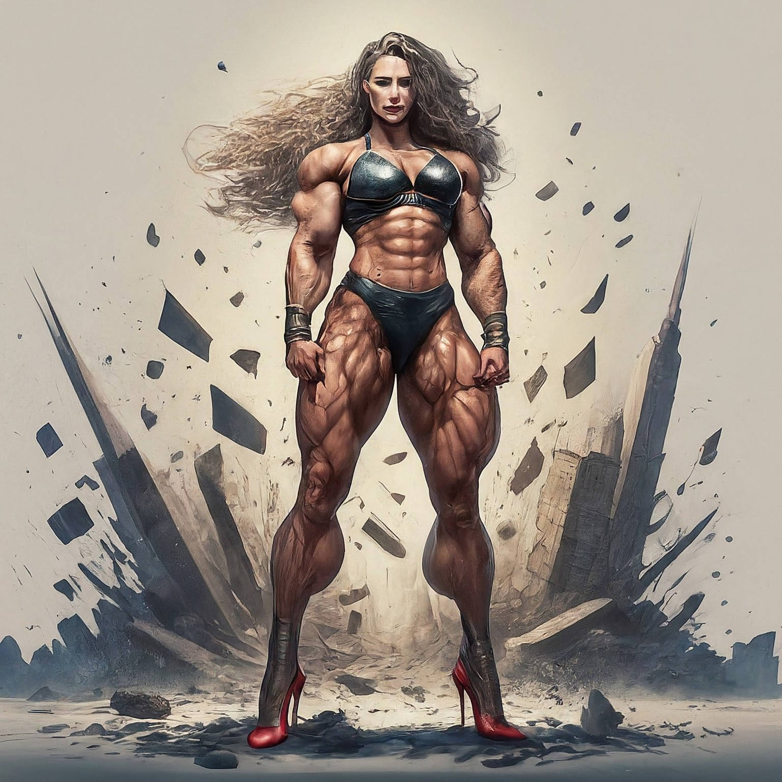 A.I. Muscle Goddess art by Mister Squeezable, female bodybuilder standing with pride while her bulging muscles make all men weak in the knees.