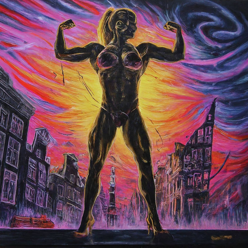 A.I. Muscle Goddess art by Mister Squeezable, female bodybuilder flexing her biceps in Amsterdaim