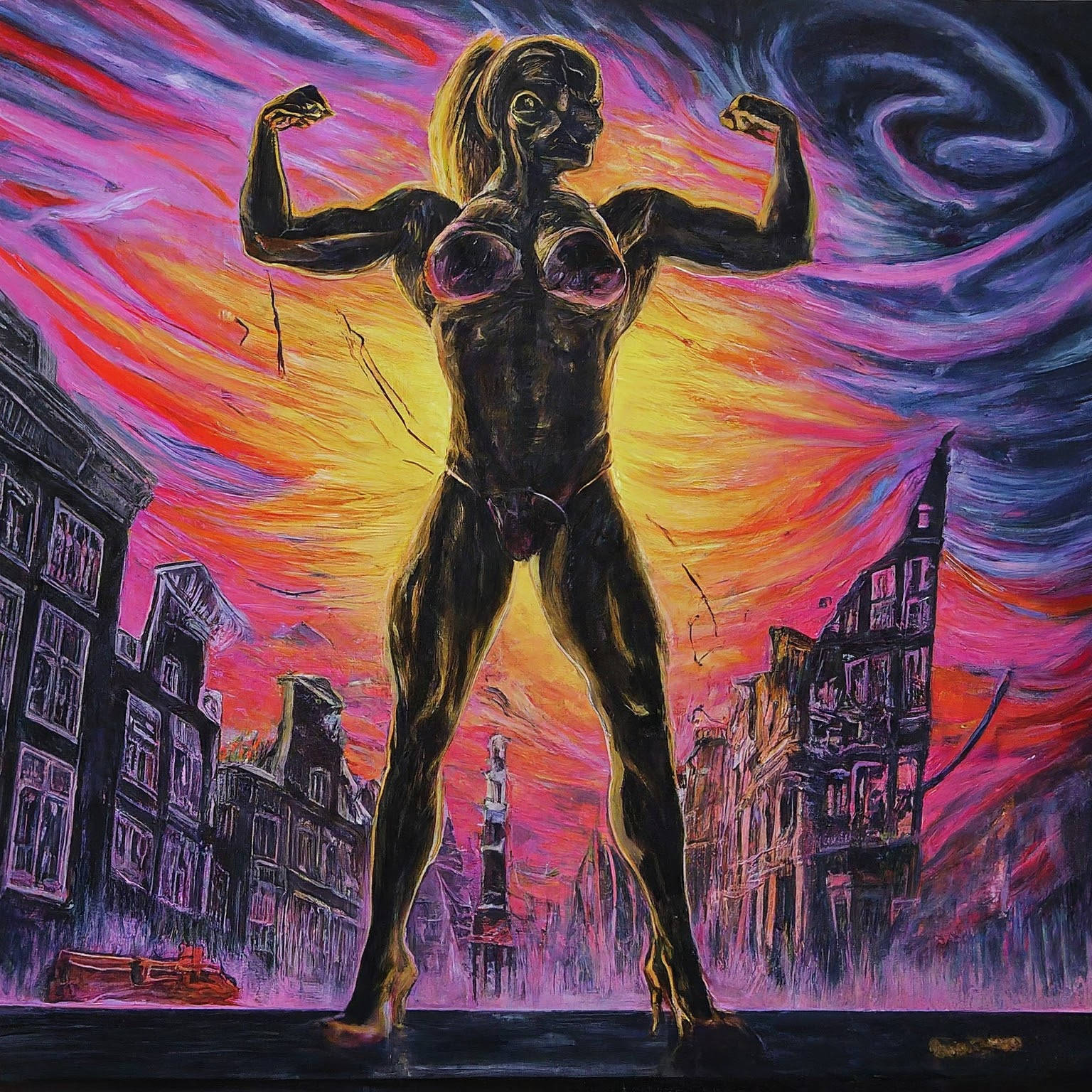 A.I. Muscle Goddess art by Mister Squeezable, female bodybuilder flexing her biceps in Amsterdaim